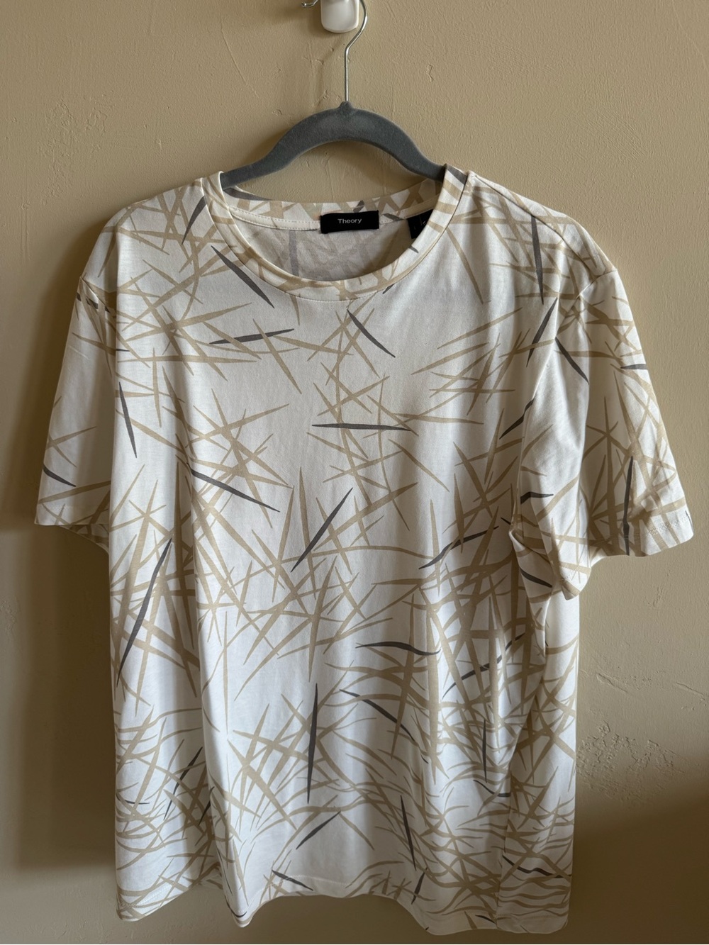 Theory Men's White Short-Sleeve Tee with Beige & Gray Abstract Print